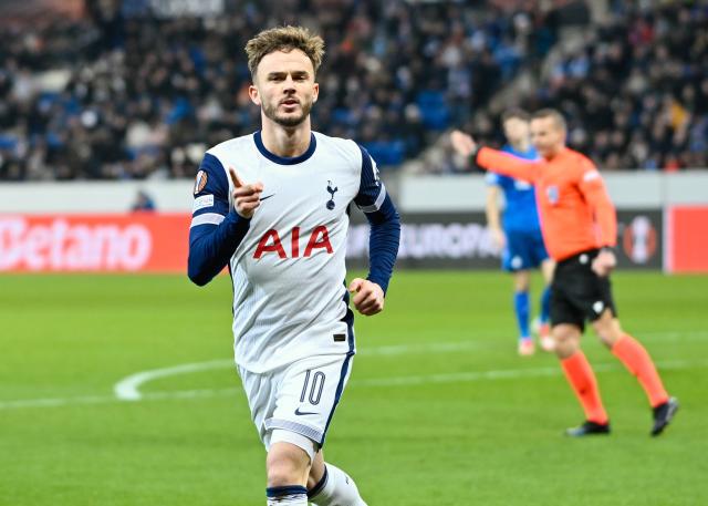 FILED - 23 January 2025, Baden-Wuerttemberg, Sinsheim: FILE PHOTO - Tottenham's James Maddison celebrates scoring his side's first goal during the UEFA Europa League soccer match between TSG 1899 Hoffeneim and Tottenham Hotspur at the PreZero Arena. Photo: Uwe Anspach/dpa