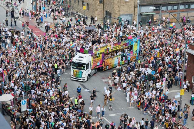 01 August 2026, Hamburg: A truck drives down Steintordamm during Hamburg Pride 2026, the Christopher Street Day (CSD) parade. Photo: Georg Wendt/dpa