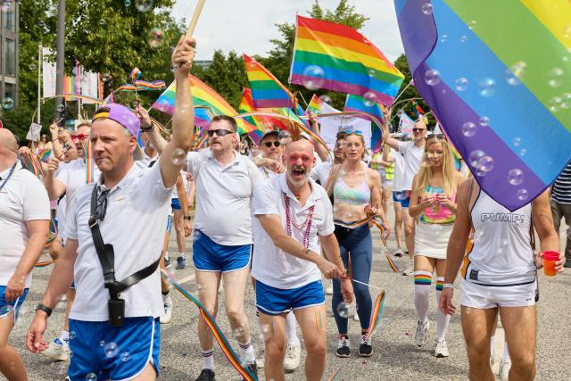 01 August 2026, Hamburg: Participants dance on Steindamm during Hamburg Pride 2026, the Christopher Street Day (CSD) parade. Photo: Georg Wendt/dpa