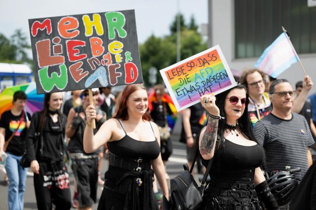 01 August 2026, Hesse, Schluechtern: Participants in the Christopher Street Day (CSD) march are parading through the city carrying signs that read "More love, less AfD" or "Love in a way that the AfD objects to". Photo: Florian Wiegand/dpa
