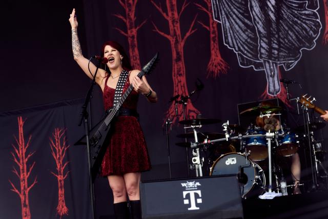 01 August 2026, Schleswig-Holstein, Wacken: Morgan Lander of the Canadian band Kittie performs on stage at the Wacken Open Air (W:O:A). Photo: Marcus Golejewski/dpa