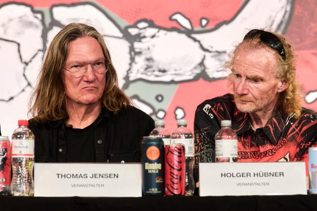 01 August 2026, Schleswig-Holstein, Wacken: Thomas Jensen (L) and Holger Huebner, organizers of the Wacken Open Air (W:O:A), attend the closing press conference. Photo: Marcus Golejewski/dpa