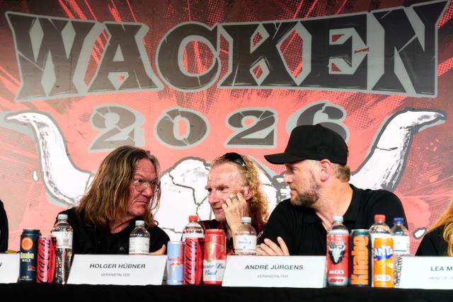 01 August 2026, Schleswig-Holstein, Wacken: (L-R) organizers of the Wacken Open Air (W:O:A) Thomas Jensen, Holger Huebner and Andre Juergens attend the closing press conference. Photo: Marcus Golejewski/dpa