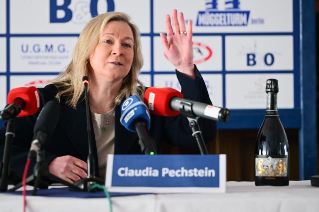 FILED - 10 March 2025, Berlin: FILE PHOTO - Claudia Pechstein, former speed skater, speaks during a press conference in Berlin. Pechstein, whose nine medals are Germany's most for a Winter Olympian, has been appointed national team coach for the allround speed skating team. Photo: Sebastian Gollnow/dpa