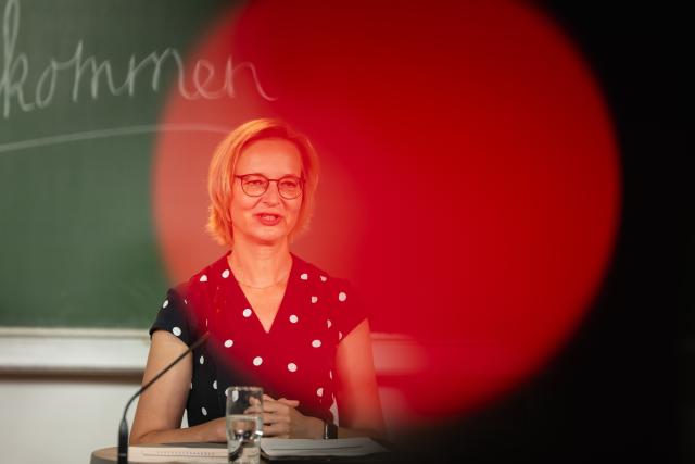 03 August 2026, Thuringia, Apolda: Thuringia's Finance Minister Katja Wolf (BSW) speaks at a press conference. Together with the chief executive of Thueringer Aufbaubank, she presents an initial assessment of Thuringia's municipal investment programme. The one-billion-euro programme supports municipalities across the state in making infrastructure investments. Photo: Jacob Schröter/dpa
