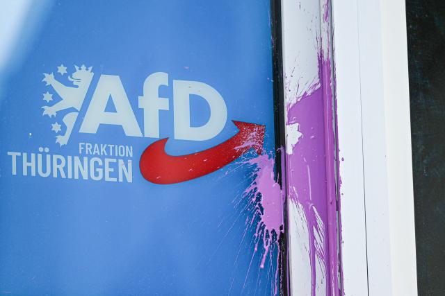 FILED - 04 July 2026, Thuringia, Erfurt: FILE PHOTO - Paint is seen on a window bearing the AfD Thuringia logo, at a community office in Erfurt. Photo: Katharina Kausche/dpa