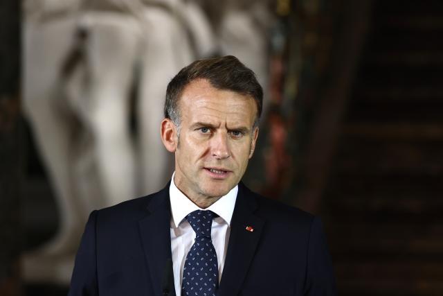 FILED - 17 July 2026, North Rhine-Westphalia, Brühl: FILE PHOTO - French President Emmanuel Macron speaks during a press conference at Augustusburg Castle. Photo: Oliver Berg/dpa