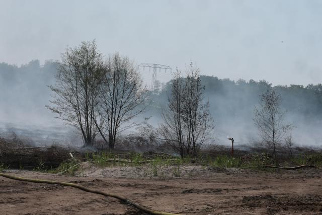 04 August 2026, Thuringia, Meuselwitz: Smoke rises from a forested area while sprinklers keep the ground moist. The cause is an underground smoldering fire in a coal seam on a former open-pit mining site. The fire broke out in late June. An informational meeting organized by the Lausitz and Central German Mining Administration Company will take place this evening. Photo: Bodo Schackow/dpa