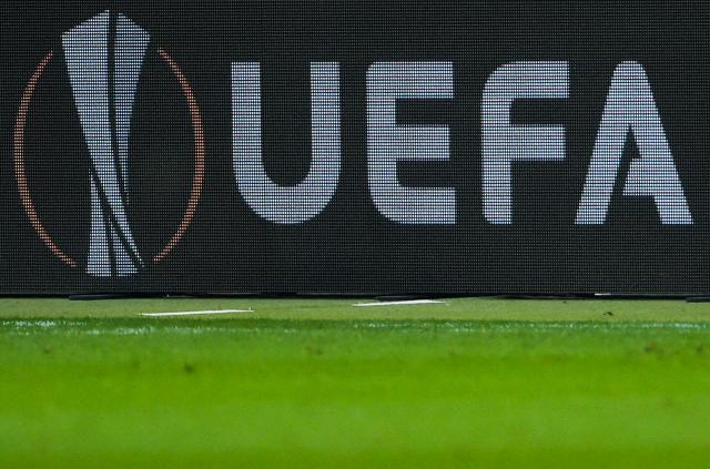 FILED - 29 November 2018, Frankfurt: FILE PHOTO - The UEFA logo is displayed on an advertising board during the UEFA Europa League Group H soccer match between Eintracht Frankfurt and Olympique Marseille at the Commerzbank-Arena. Photo: Silas Stein/Deutsche Presse-Agentur GmbH/dpa