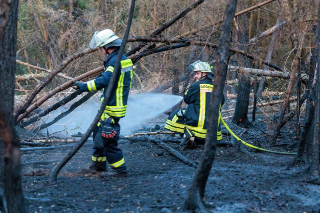 05 August 2026, Hesse, Bad Schwalbach: Firefighters battle a forest fire near Bad Schwalbach. Photo: Jörg Halisch/dpa