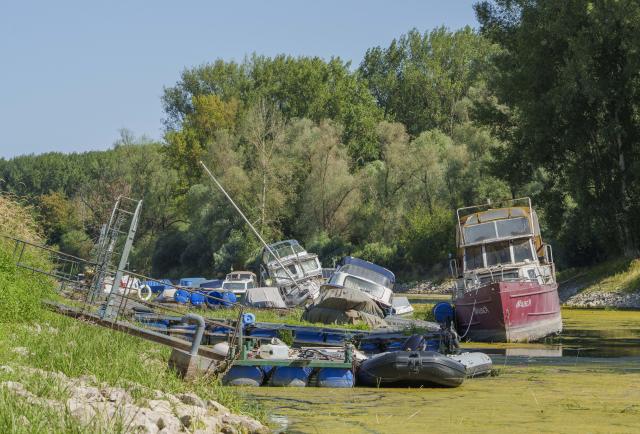 06 August 2026, Rhineland-Palatinate, Nierstein: Recreational and pleasure boats are aground in the Muehlarm. The Muehlarm is separated from the Rhine by the islands of Saendchen and Kisselwoerth, but is fed by water from the Rhine. Photo: Andreas Arnold/dpa