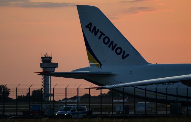 07 August 2026, Saxony, Schkeuditz: A Ukrainian Antonov transport aircraft is parked at Leipzig/Halle Airport. Investigations are underway following a drone incident early on Wednesday. According to security sources, a drone carrying an explosive device was seized near a Ukrainian transport aircraft. Security authorities are on high alert. Photo: Hendrik Schmidt/dpa