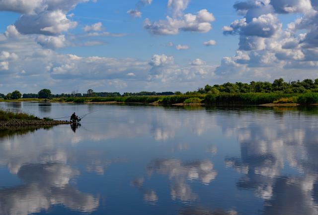 08 August 2026, Brandenburg, Frankfurt (Oder): An angler sits on a groyne along the Oder River. The ongoing drought is having a noticeable impact along the German-Polish border. In Frankfurt (Oder), the water level of the border river has fallen to just 88 centimetres. Photo: Patrick Pleul/dpa