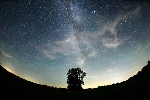 09 August 2026, Schleswig-Holstein, Dahmeshoved: Numerous flying objects, such as airplanes and satellites, can be seen in the night sky as trails of light around the Milky Way. The use of a fisheye lens makes the horizon appear curved. The annual Perseid meteor shower will reach its peak on the night of August 13. Photo: Daniel Reinhardt/dpa