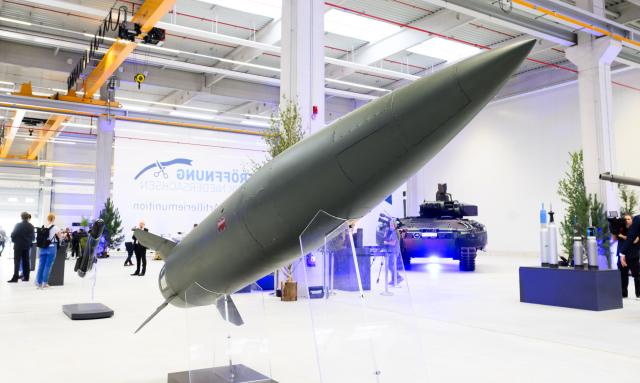 FILED - 27 August 2025, Lower Saxony, Unterluess: File Photo - An ATACMS missile is on display at Rheinmetall's new artillery plant. Photo: Julian Stratenschulte/dpa