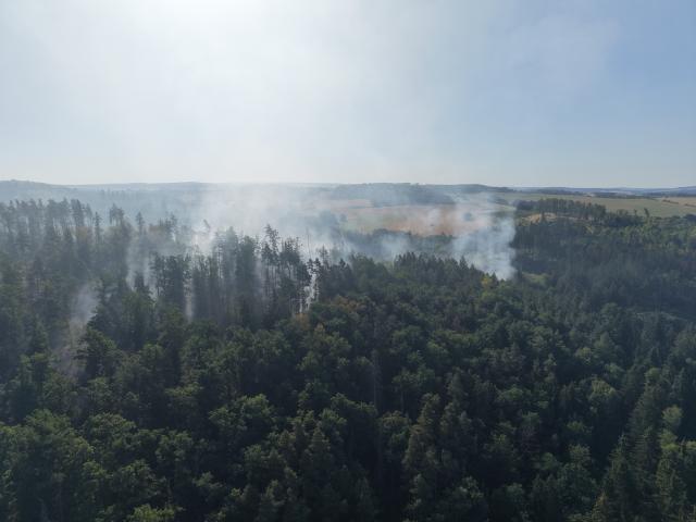 12 August 2026, Saxony, Plauen: Smoke rises from a forested area, as several hectares of forest burn in a wildfire near Plauen. Photo: Bodo Schackow/dpa