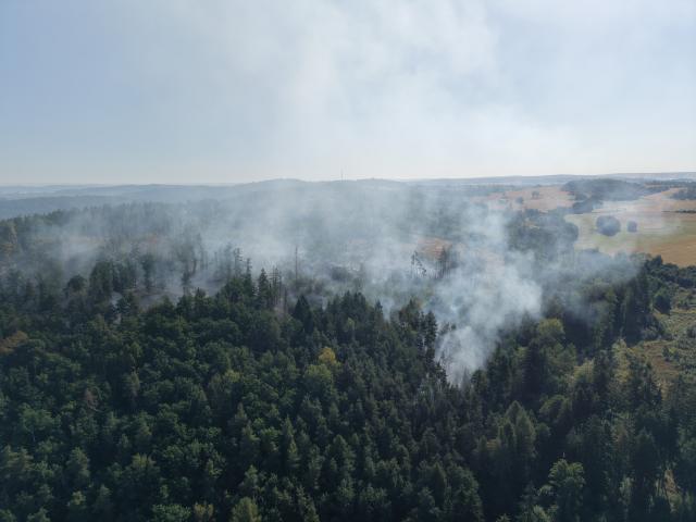 12 August 2026, Saxony, Plauen: Smoke rises from a forested area, as several hectares of forest burn in a wildfire near Plauen. Photo: Bodo Schackow/dpa