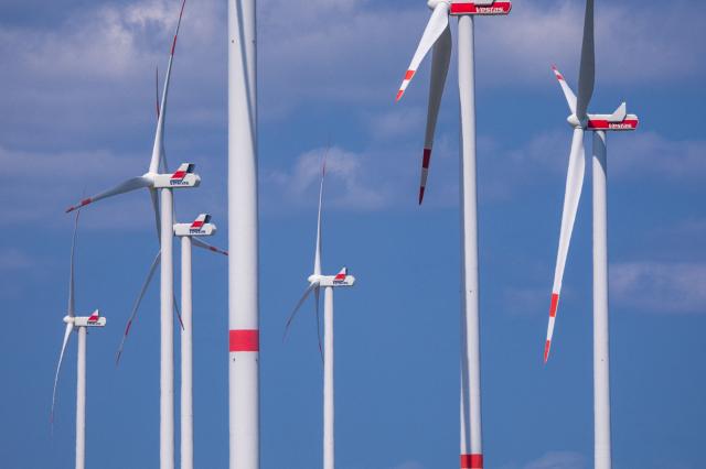 FILED - 11 June 2025, Mecklenburg-Western Pomerania, Parchim: FILE PHOTO - The rotors of Vestas wind turbines turn at a wind farm. Photo: Jens Büttner/dpa