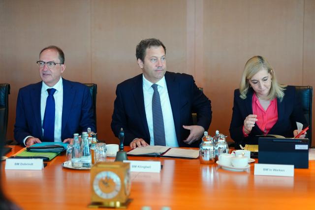 12 August 2026, Berlin: Alexander Dobrindt, Germany's Minister of the Interior; Lars Klingbeil, Germany's Minister of Finance, Vice Chancellor and SPD federal chairman; and Nina Warken, Head of the Federal Chancellery and Federal Minister for Special Tasks, attend a Federal Cabinet meeting at the Federal Chancellery. Klingbeil chairs the meeting in the absence of the Federal Chancellor. Photo: Kay Nietfeld/dpa