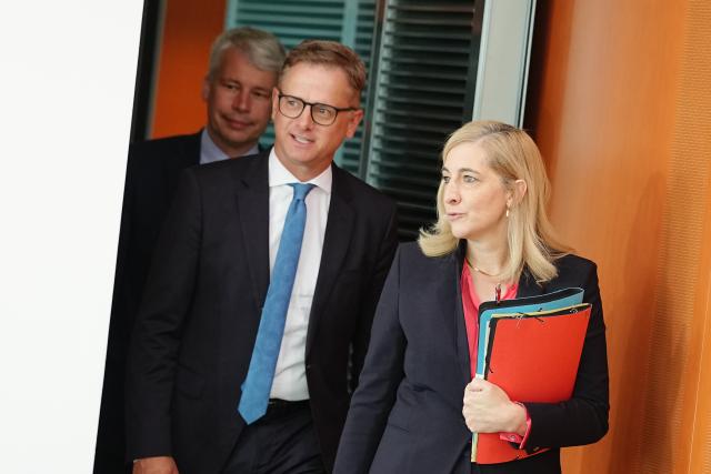 12 August 2026, Berlin: Carsten Linnemann, Germany's Minister of Health; Steffen Bilger, Germany's Minister of Transportation; and Nina Warken, Head of the Federal Chancellery and Germany's Minister for Special Tasks, are attending the Cabinet meeting at the Federal Chancellery. Photo: Kay Nietfeld/dpa