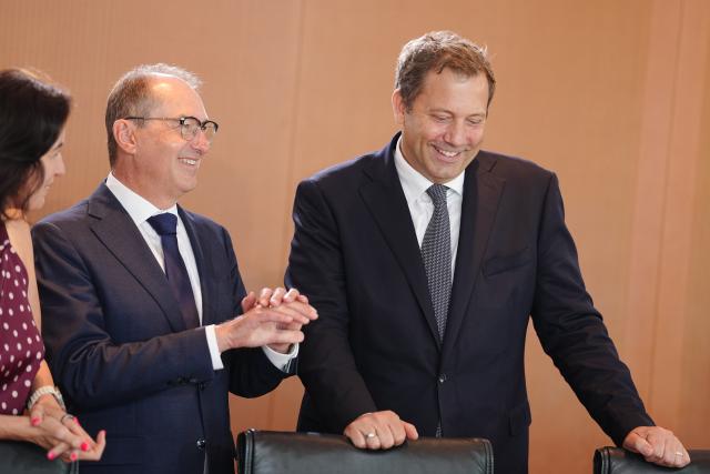 12 August 2026, Berlin: Dorothee Baer, Germany's Minister for Research, Technology and Space; Alexander Dobrindt, Germany's Minister of the Interior; and Lars Klingbeil, Germany's Minister of Finance, Vice Chancellor and SPD federal chairman, attend a Cabinet meeting at the Federal Chancellery. Photo: Kay Nietfeld/dpa