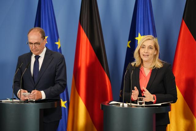 12 August 2026, Berlin: Nina Warken, Head of the German Chancellery and German Minister for Special Tasks, and Alexander Dobrindt, German Minister of the Interior, hold a joint press conference after the the German Cabinet meeting at the Chancellery. Photo: Kay Nietfeld/dpa