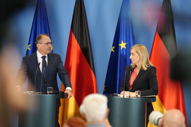 12 August 2026, Berlin: Nina Warken, Head of the German Chancellery and German Minister for Special Tasks, and Alexander Dobrindt, German Minister of the Interior, hold a joint press conference after the the German Cabinet meeting at the Chancellery. Photo: Kay Nietfeld/dpa