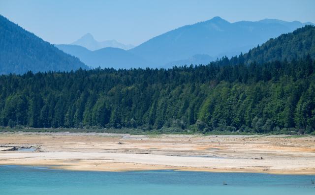13 August 2026, Bavaria, Vorderriss: A view of the muddy bottom of the Sylvenstein Reservoir, located on the border with Tyrol. Photo: Peter Kneffel/dpa