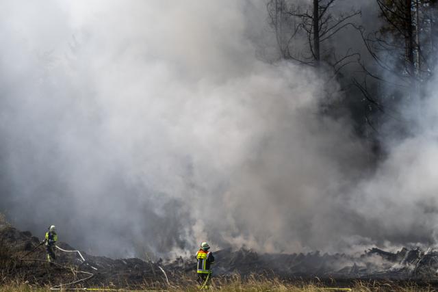13 August 2026, Bavaria, Brunnthal: Firefighters extinguish a brush fire in the area between Sauerlach and Hofolding. Photo: Peter Kneffel/dpa