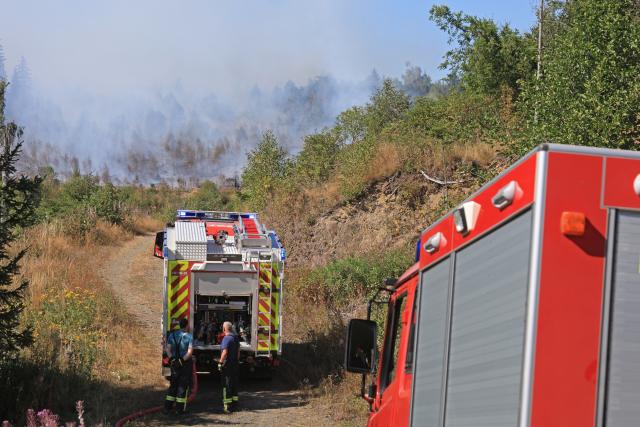 13 August 2026, Saxony-Anhalt, Benneckenstein: Smoke rises from a forest during a fire near Benneckenstein. Photo: Matthias Bein/dpa