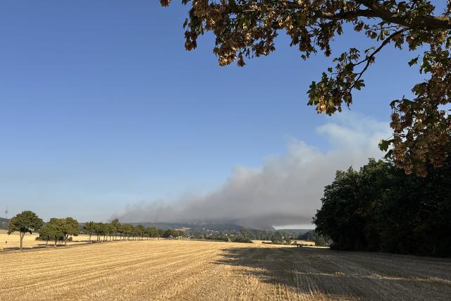 14 August 2026, North Rhine-Westphalia, Hürtgenwald: Smoke rises above the Hürtgenwald during a forest fire. Early this morning, the evacuation of the Gey district, home to some 1,800 people, began. The latest reports indicated that the flames were about 400 meters from the town. Photo: Gabriele Löbel/dpa