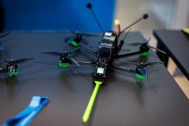 14 August 2026, Bavaria, Nuremberg: A police drone designed for kinetic drone defense is on display at a press conference at Nuremberg Airport focused on drone detection and defense. To best prepare the Bavarian police for current and future developments in this area and to further expand existing capabilities, the Drone Competence and Defense Center (DKAZ) began operations in Erding on April 1, 2026. Photo: Daniel Karmann/dpa
