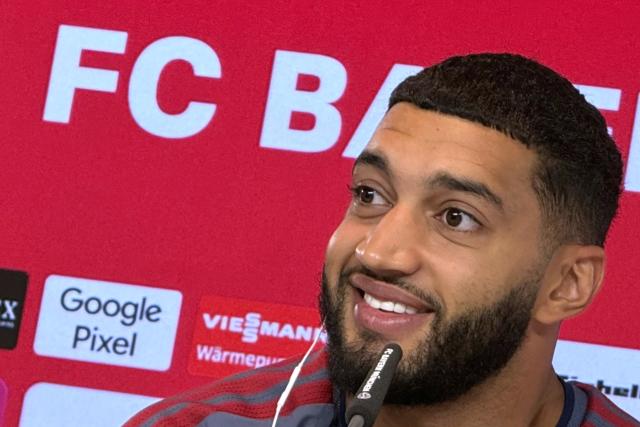 14 August 2026, Bavaria, Munich: FC Bayern Munich's new signing Ismael Saibari reacts during his introduction press conference. Photo: Manuel Schwarz/dpa