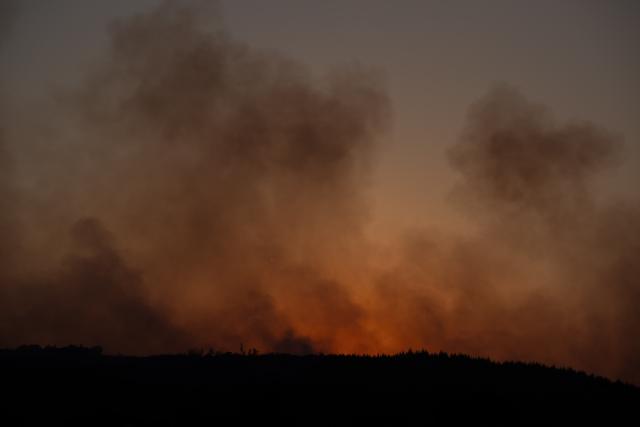 14 August 2026, North Rhine-Westphalia, Huertgenwald: In the evening, the setting sun shines through smoke from the forest fire in the Huertgenwald. Photo: Harald Tittel/dpa