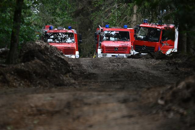 15 August 2026, North Rhine-Westphalia, Kleinhau: Firefighters are on the scene of a wildfire in the Hürtgenwald. Several hundred hectares of forest are ablaze. Photo: Federico Gambarini/dpa