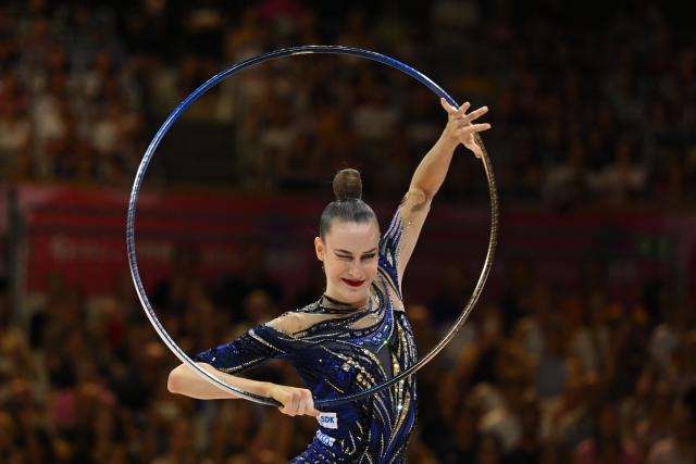 16 August 2026, Hesse, Frankfurt_Main: Germany's Darja Varfolomeev performs her routine during women's final of the World's Gymnastics Championships in Frankfurt am Main. Photo: Marijan Murat/dpa