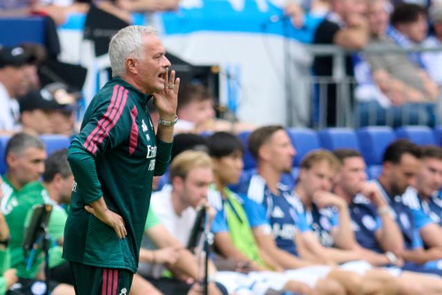 16 August 2026, North Rhine-Westphalia, Gelsenkirchen: Real Madrid coach Jose Mourinho stands on the sidelines during a friendly soccer match between FC Schalke 04 and Real Madrid CF at VELTINS-Arena, held to celebrate the stadium's 25th anniversary. Photo: Bernd Thissen/dpa - IMPORTANT NOTICE: Bundesliga and DFB regulations prohibit any use of photographs as image sequences and/or quasi-video.