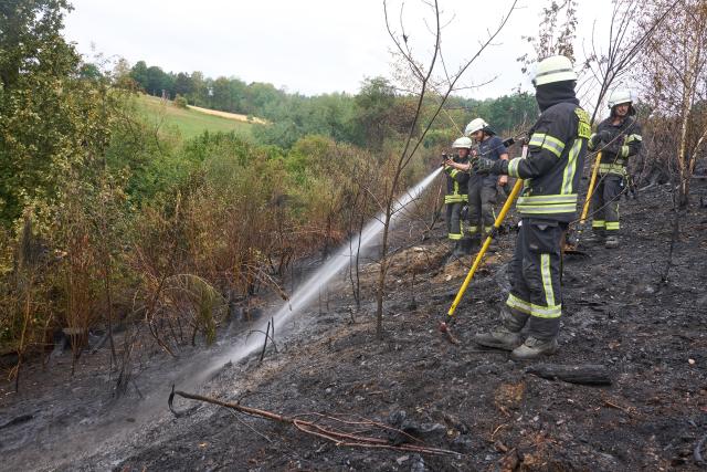 17 August 2026, Rhineland-Palatinate, Betzdorf-Gebhardshain: Firefighters are on mop-up operations following a wildfire in the Westerwald. The operation is still underway following the wildfire near the village of Gebhardshain. During the fire, the flames came within 20 meters of homes. Photo: Thomas Frey/dpa
