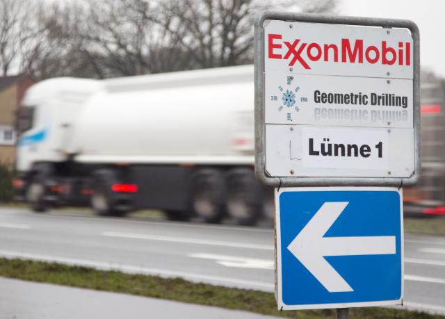 FILED - 14 January 2011, Lower Saxony, Luenne: FILE PHOTO - An "Exxon Mobil Geometric Drilling Luenne 1" sign can be seen on a road in Luenne. Photo: Friso Gentsch/dpa