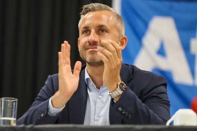 17 August 2026, Saxony-Anhalt, Weferlingen: Ulrich Siegmund, lead candidate of the Alternative for Germany party in Saxony-Anhalt, attends an AfD town hall meeting in Weferlingen regarding the 2026 state election. Photo: Peter Gercke/dpa