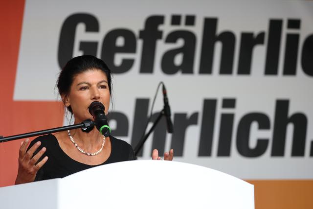 19 August 2026, Saxony-Anhalt, Dessau-Roßlau: Sahra Wagenknecht, founder of the Sahra Wagenknecht Alliance (BSW) speaks at the market square as part of the BSW's state election campaign tour. Photo: Jan Woitas/dpa