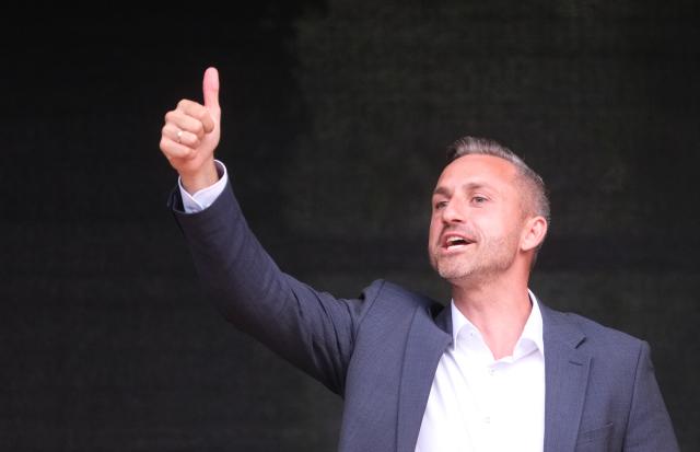 19 August 2026, Saxony-Anhalt, Dessau-Roßlau: Ulrich Siegmund, top candidate of the Alternative for Germany (AfD) for the state elections in Saxony-Anhalt, speaks at a campaign rally. Photo: Sebastian Willnow/dpa