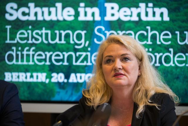 20 August 2026, Berlin: Kristin Brinker, the Alternative for Germany's (AfD) top candidate for the 2026 Berlin House of Representatives election, speaks during a press conference held by the AfD on the topic "Seven-Point Plan for Better Schools in Berlin." Photo: Sebastian Christoph Gollnow/dpa
