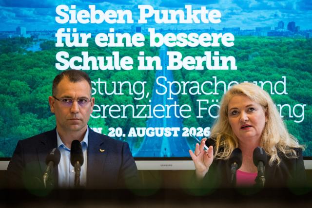20 August 2026, Berlin: Kristin Brinker, the Alternative for Germany's (AfD) top candidate for the 2026 Berlin House of Representatives' election, and Tommy Tabor, a member of the Berlin House of Representatives and spokesperson for Family and Vocational Training, attend a press conference held by the AfD on the topic "Seven-Point Plan for Better Schools in Berlin." Photo: Sebastian Gollnow/dpa