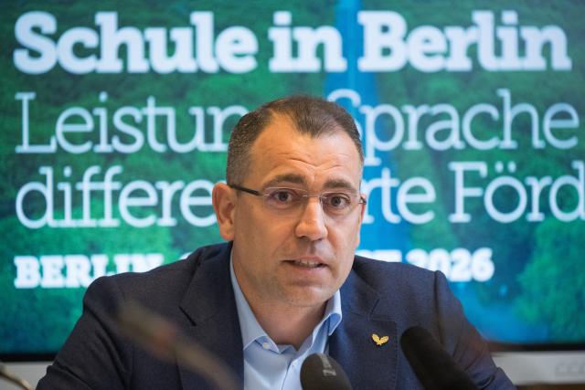 20 August 2026, Berlin: Tommy Tabor, a member of the Berlin House of Representatives and spokesperson for Family and Vocational Training, speaks during a press conference held by the Alternative for Germany (AfD) on the topic "Seven-Point Plan for Better Schools in Berlin." Photo: Sebastian Gollnow/dpa