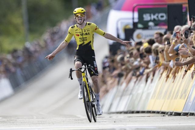 20 August 2026, Hesse, Bad Orb: French cyclist Louis Barre celebrates winning stage one (216.30 km) of the 2026 Tour of Germany cycling race in Bad Orb. Photo: Marijan Murat/dpa