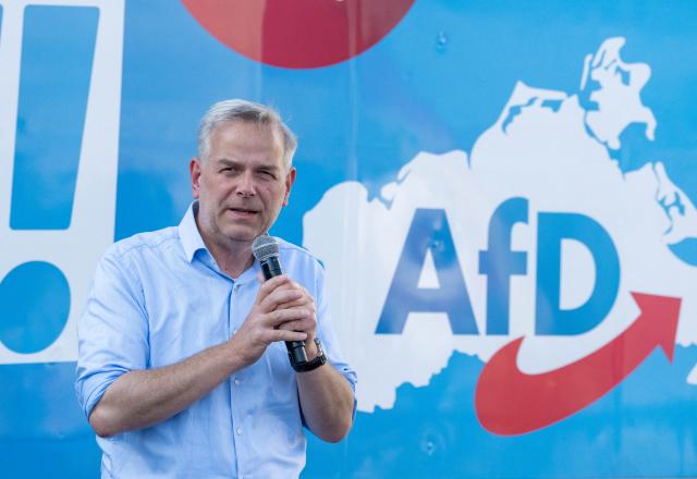 20 August 2026, Mecklenburg-Western Pomerania, Garz: Leif-Erik Holm, Alternative for Germany (AfD) candidate for minister-president in the upcoming state election, speaks during a street campaign at his party's community festival in the Edeka Goers customer parking lot in Garz on the island of Ruegen. Photo: Stefan Sauer/dpa