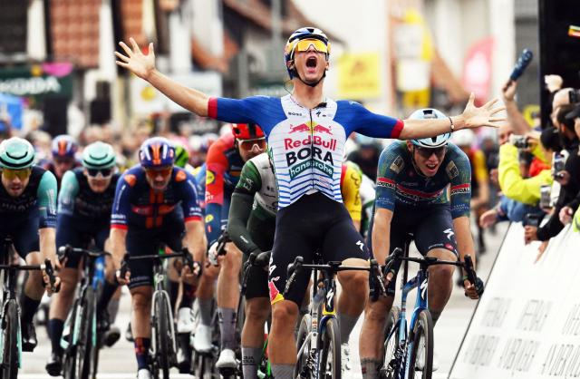 21 August 2026, Rhineland-Palatinate, Offenbach an der Queich: Italian cyclist Alessio Magagnotti of team Red Bull-Bora Hansgrohe celebrates winning the second stage of the Tour of Germany cycling race, 196.80 Km from Schwaebisch Hall to Offenbach an der Queich. Photo: Uli Deck/dpa