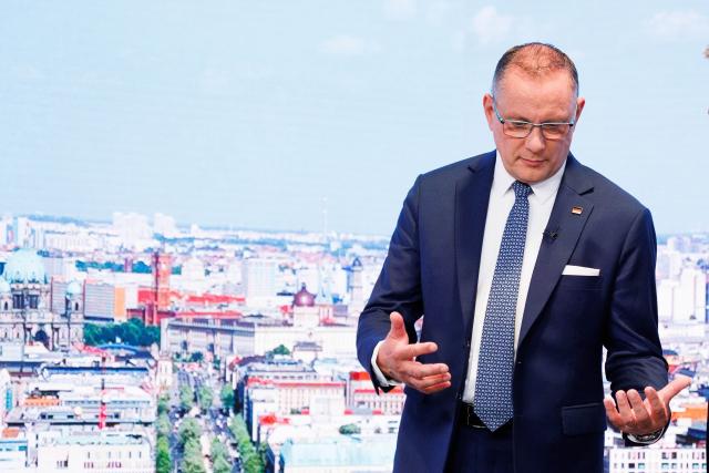 23 August 2026, Berlin: Tino Chrupalla, federal chairman of the Alternative for Germany (AfD), speaks at the ARD studio ahead of the recording of the ARD summer interview on "Bericht aus Berlin." Photo: Carsten Koall/dpa