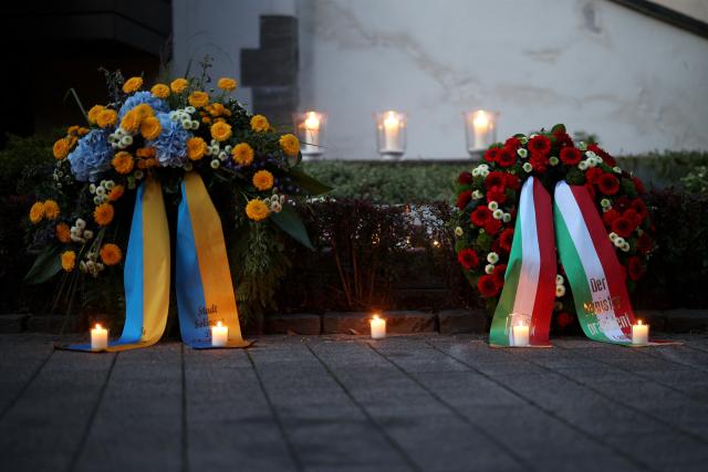 23 August 2026, North Rhine-Westphalia, Solingen: Wreaths have been placed in front of the city church ahead of a memorial service for the victims of the Islamist terrorist attack two years ago, which left three people dead and many injured. Photo: Christoph Reichwein/dpa